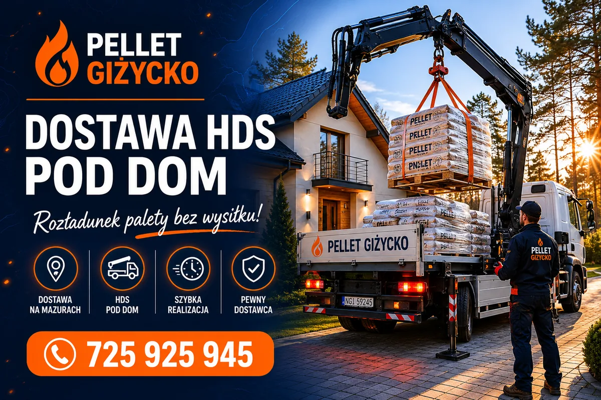 Dostawa pelletu do Mikołajki z Giżycka - palety, HDS i rozładunek