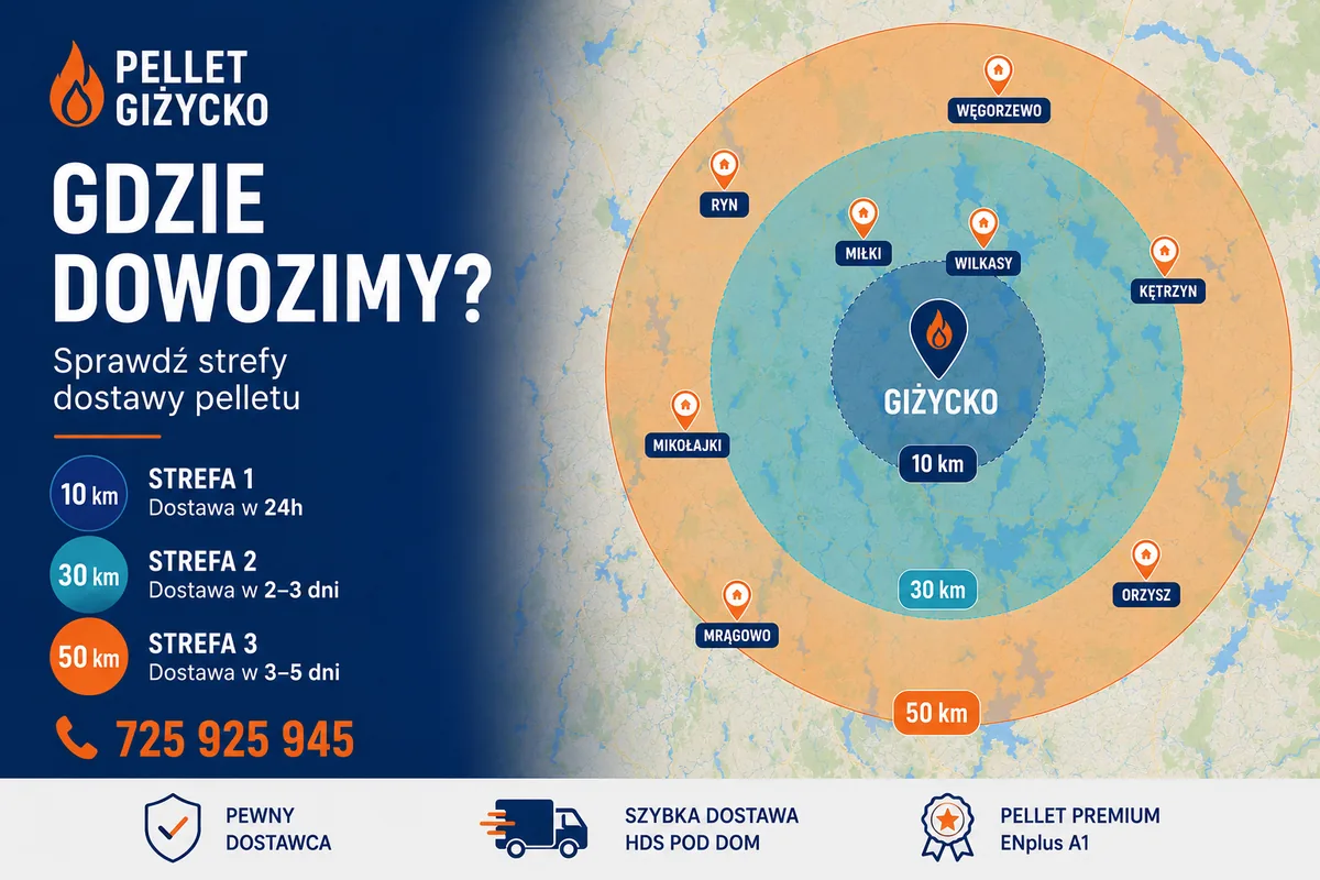 Dostawa pelletu do Miłki z Giżycka - palety, HDS i rozładunek